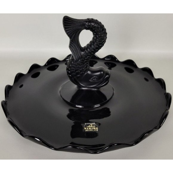 Vintage Viking Glass Black Amethyst Dolphin‎ Fish Serving Tray Platter 11" - Picture 1 of 11